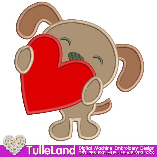 Puppy dog applique valentines Machine embroidery design