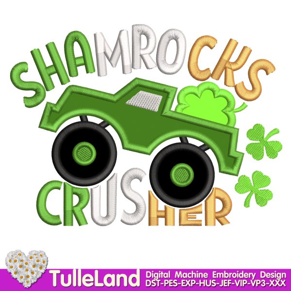 Crushing Shamrocks Monster truck Machine embroidery design