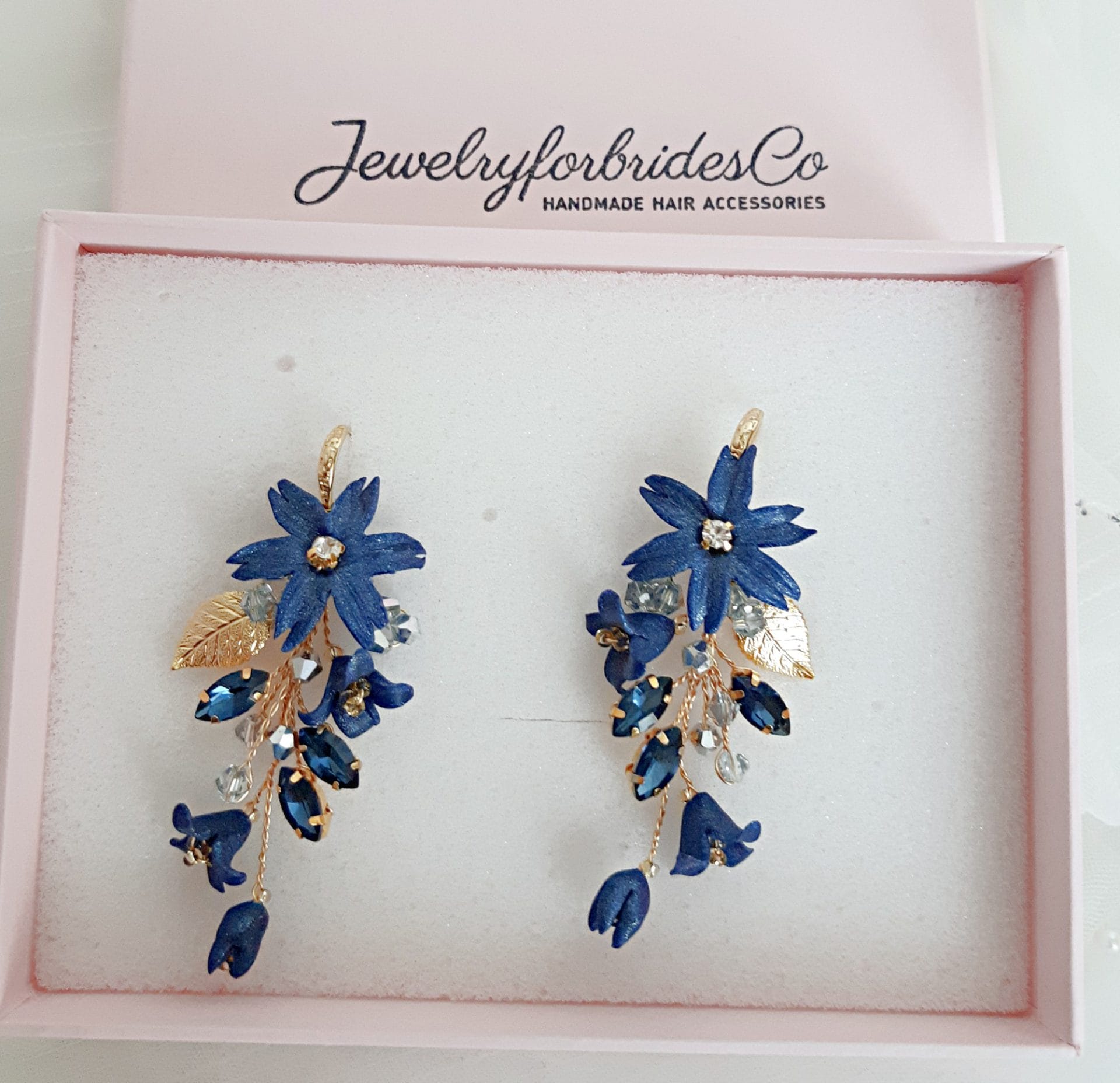 Vintage gold tone and navy blue earrings - Ruby Lane