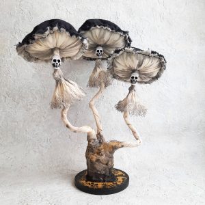 Black creepy mushroom decor with skull Gothic decor for Halloween