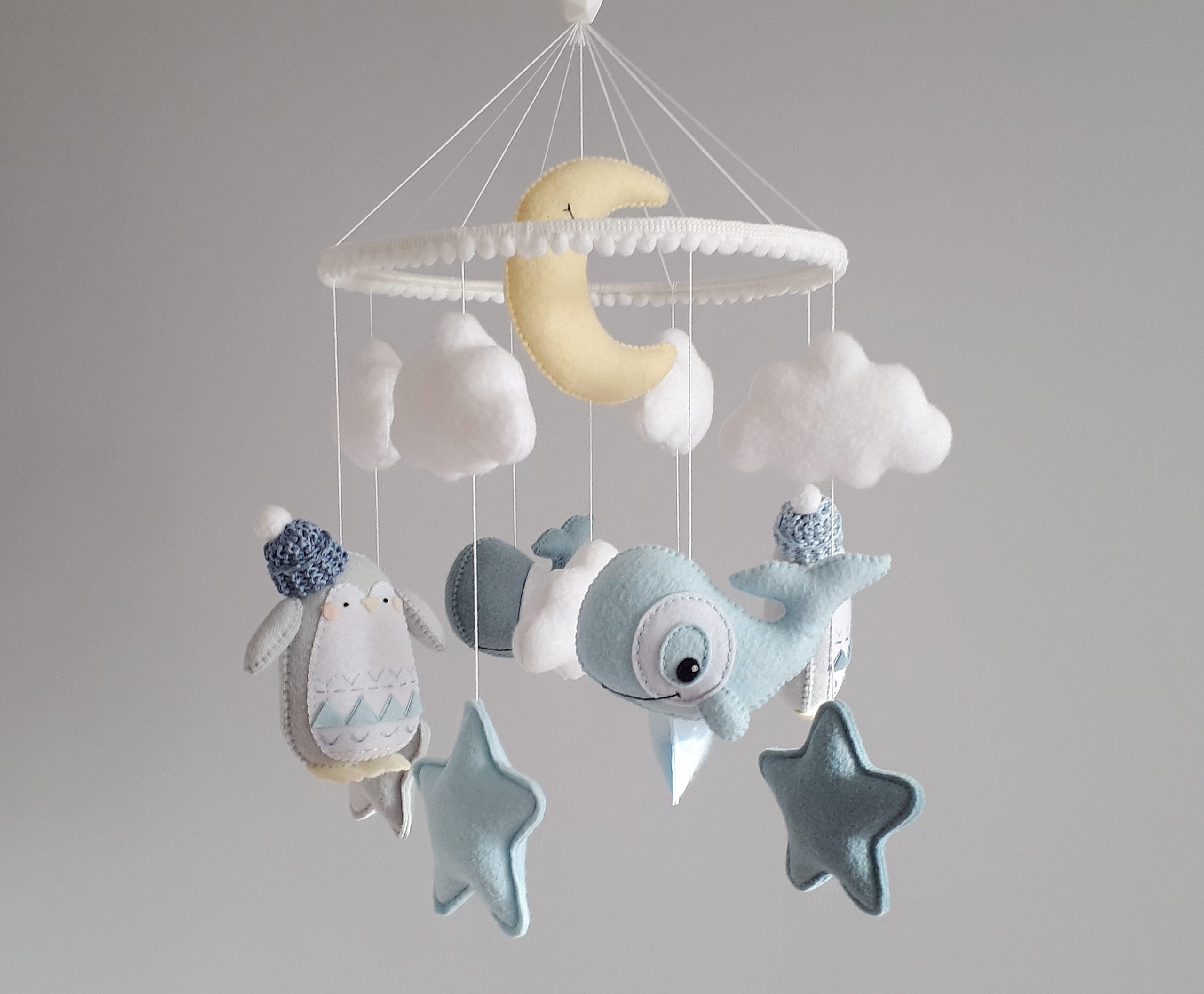 Whale Baby Mobile Nursery, Ocean Nautical Hanging Mobile, Stars Moon Mobile,  Baby Boy Mobile, Under the Sea Mobile Bebe, Baby Shower Gift 