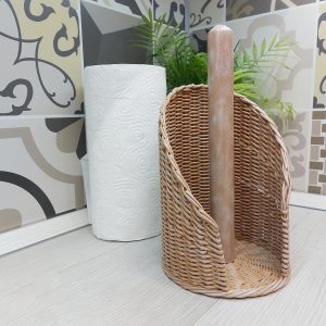Beige paper towel holder with wooden tip. Stand handmade.