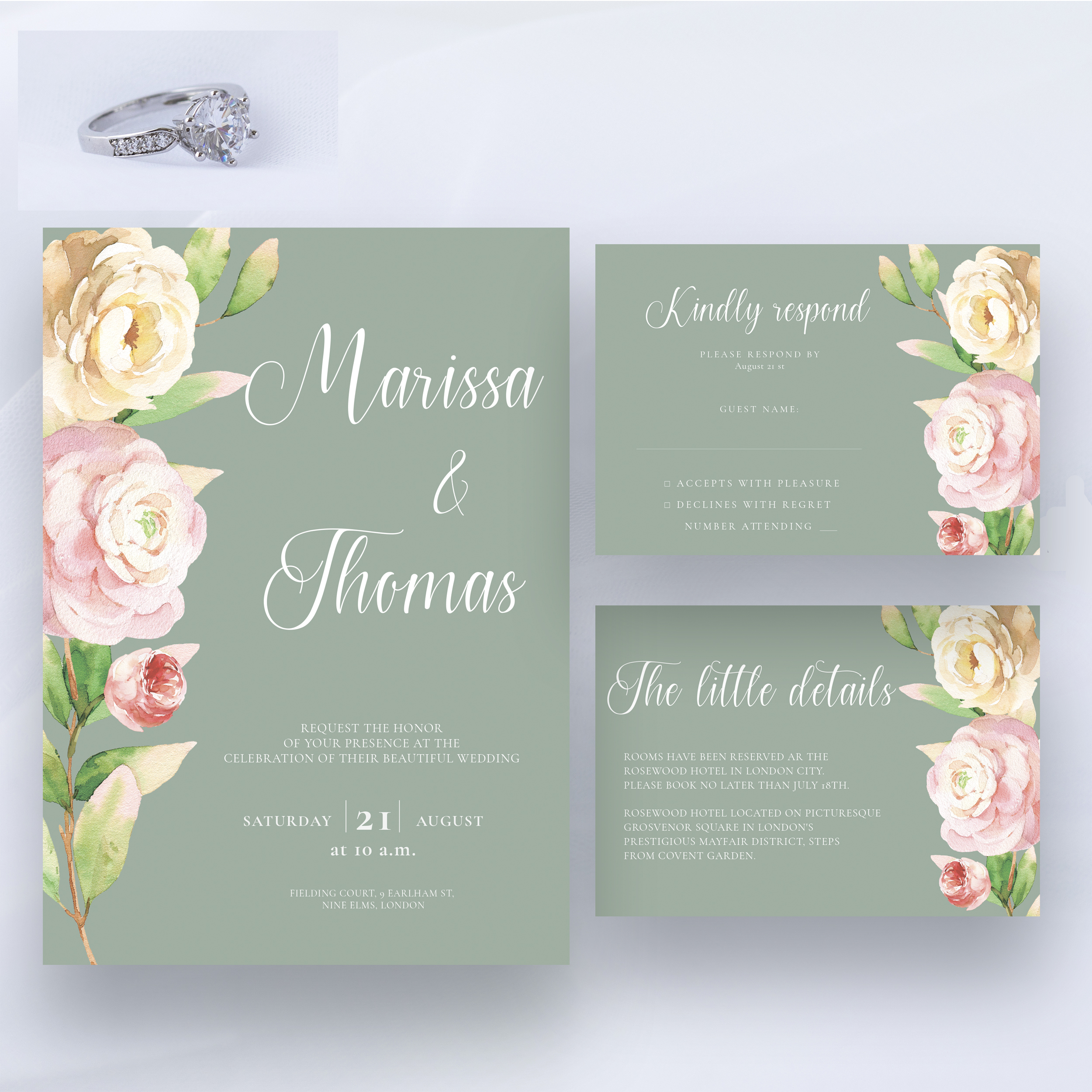 Blush Pink and Sage Wedding Invitation Template Set PSD 2 Sage wedding invitation set