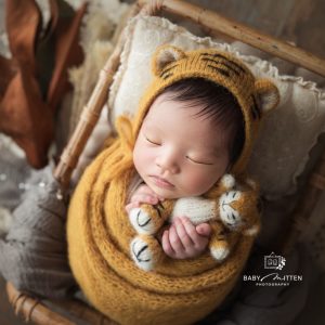 Newborn photo prop tiger set: knitted toy, matching bonnet, wrap