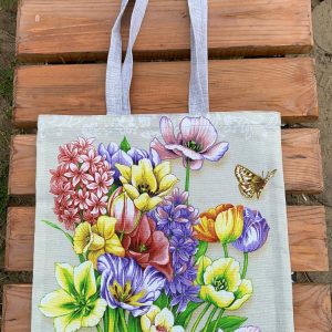 grey tote bag with flowers