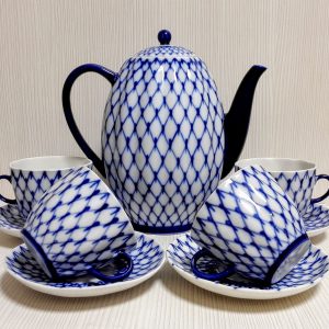 Lomonosov Coffee Set Grid Cobalt Blue.Russian Bone Porcelain LFZ