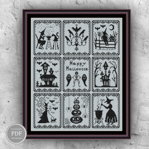 Halloween Cross Stitch Pattern Sampler Spooky Bats Witches 163