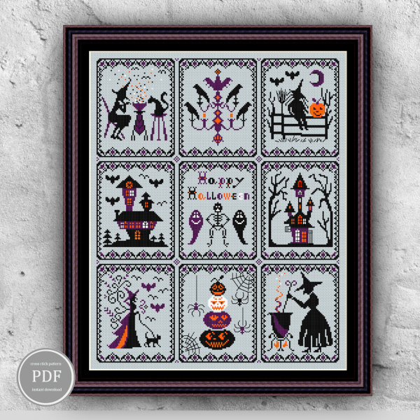 Halloween Sampler Cross Stitch Pattern Spooky Bats Witches 163