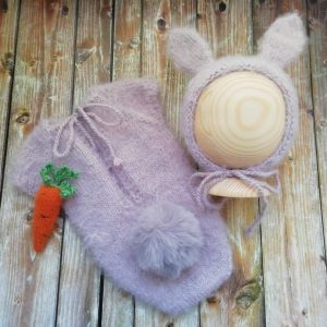 Cute rabbit set. Cap with ears, ponytail, first outfit, baby photoshoot