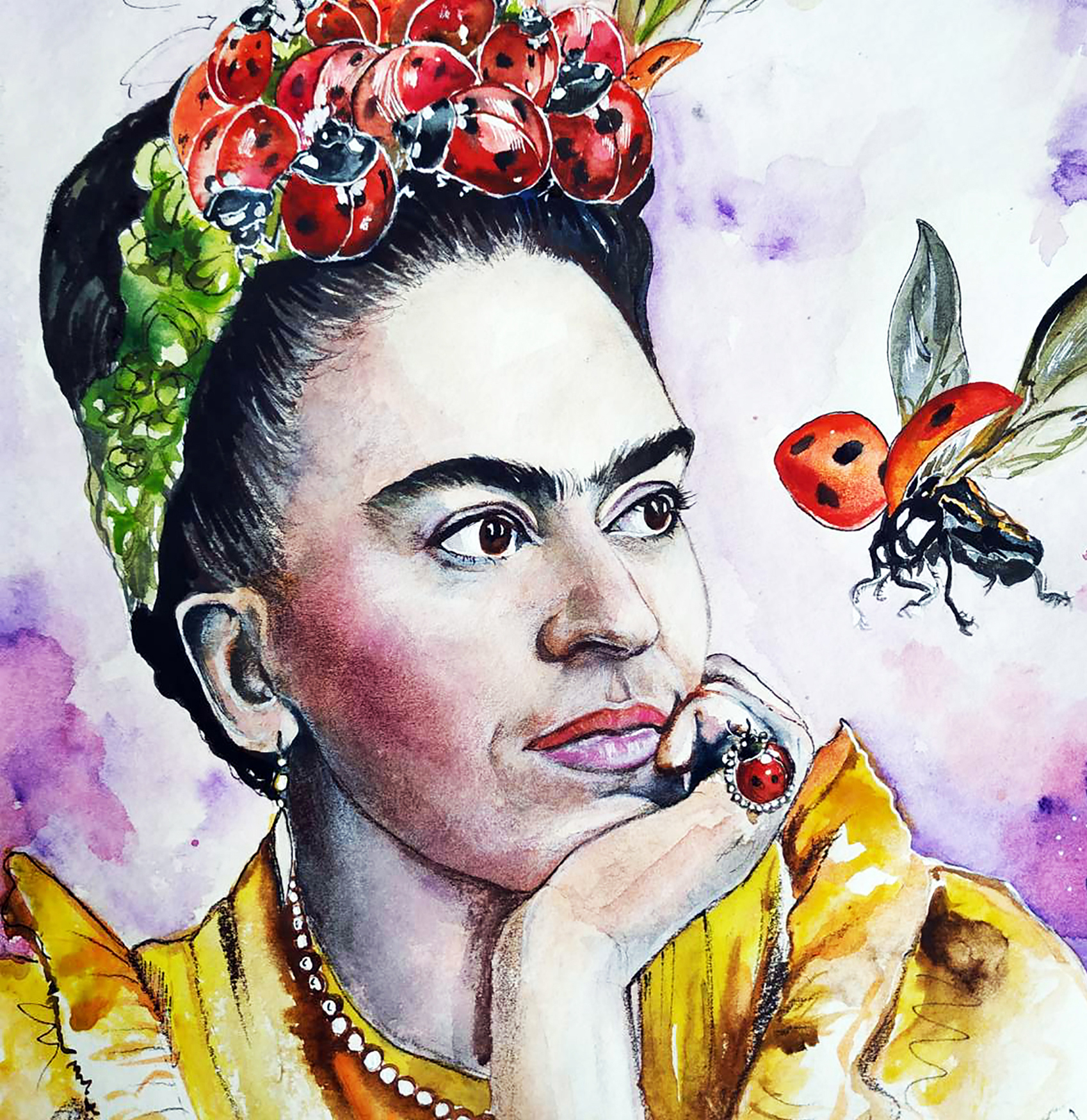 Printable portrait of Frida Kahlo with a wreath from ladybug
