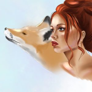 Portrait of redhead girl and fox