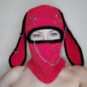 Red bunny balaclava with chain. Hand knitted goth balaclava with rabbit ears. Sexy bunny kigurumi hat
