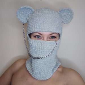 Fluffy bear balaclava. Gray balaclava with bear ears crochet