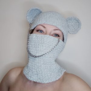 Fluffy bear balaclava. Gray balaclava with bear ears crochet
