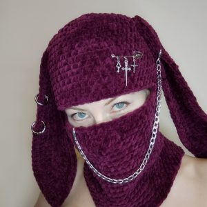 Creepy bunny balaclava with chain Crochet bunny ear hat goth