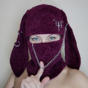 Creepy bunny balaclava with chain. Grape jally bunny ear hat goth with long ears