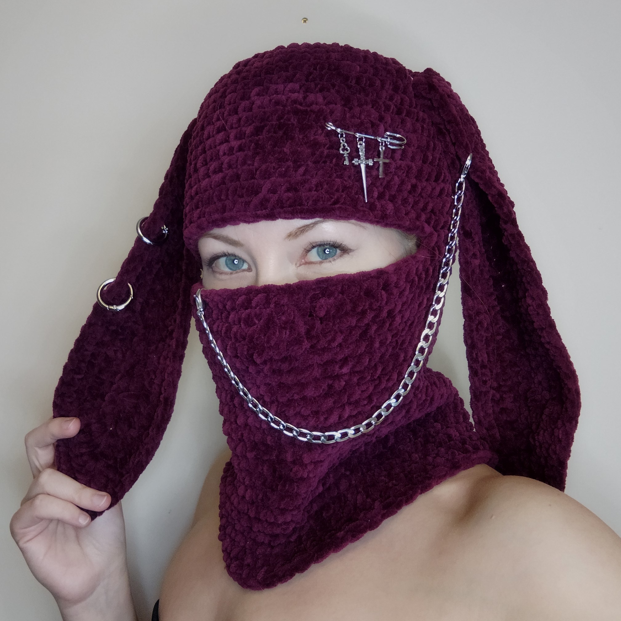 Creepy bunny balaclava with chain Crochet bunny ear hat goth