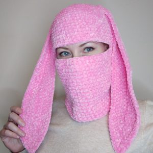 Pink bunny balaclava crochet. Fluffy balaclava with bunny ears