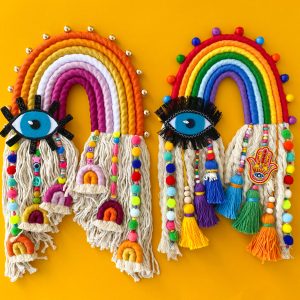 Macrame rainbow with evil eye,Original art,Hippie room decor