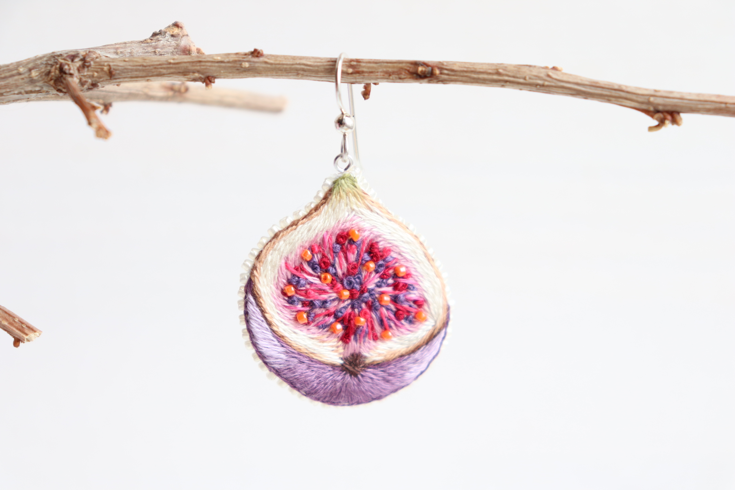 Fig earrings, embroidered fruit earrings as sister gift