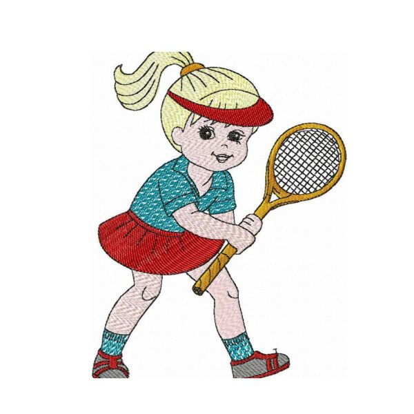 Girl playing tennis machine embroidery design, 3 sizes