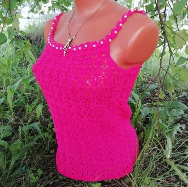 Pink top with beads,lace top,cotton top,crochet blouse