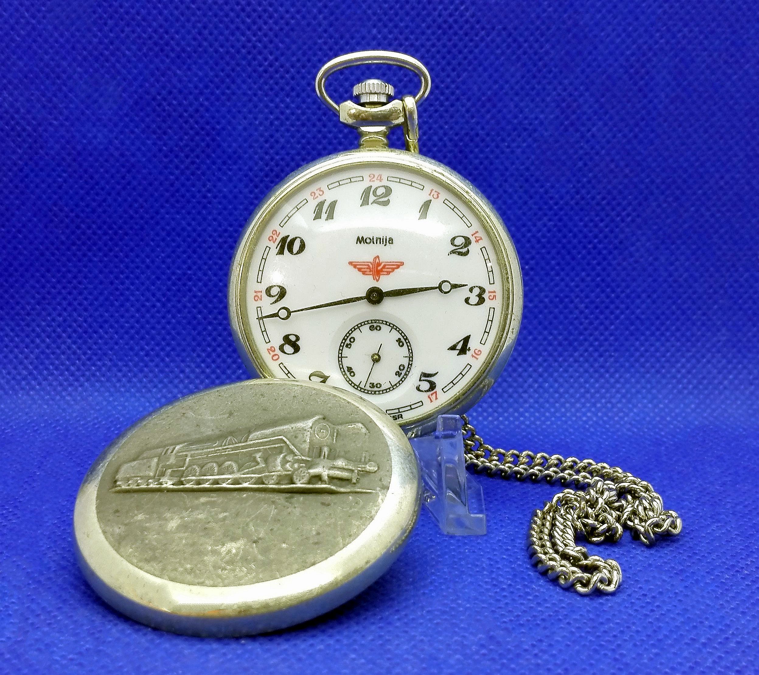 Vintage Pocket Watch Molnija Train