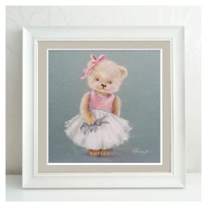 Teddy bear drawing, Cute teddy girl, Original pastel painting 20×20 cm