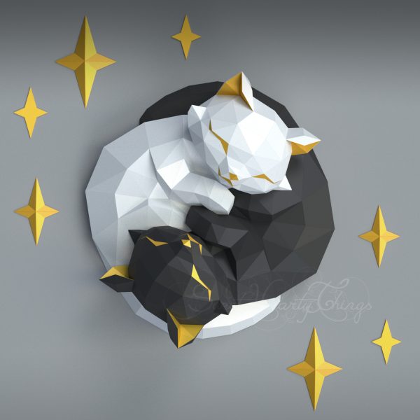 3d Papercraft–Yin Yang Kittens–PDF SVG DXF Templates