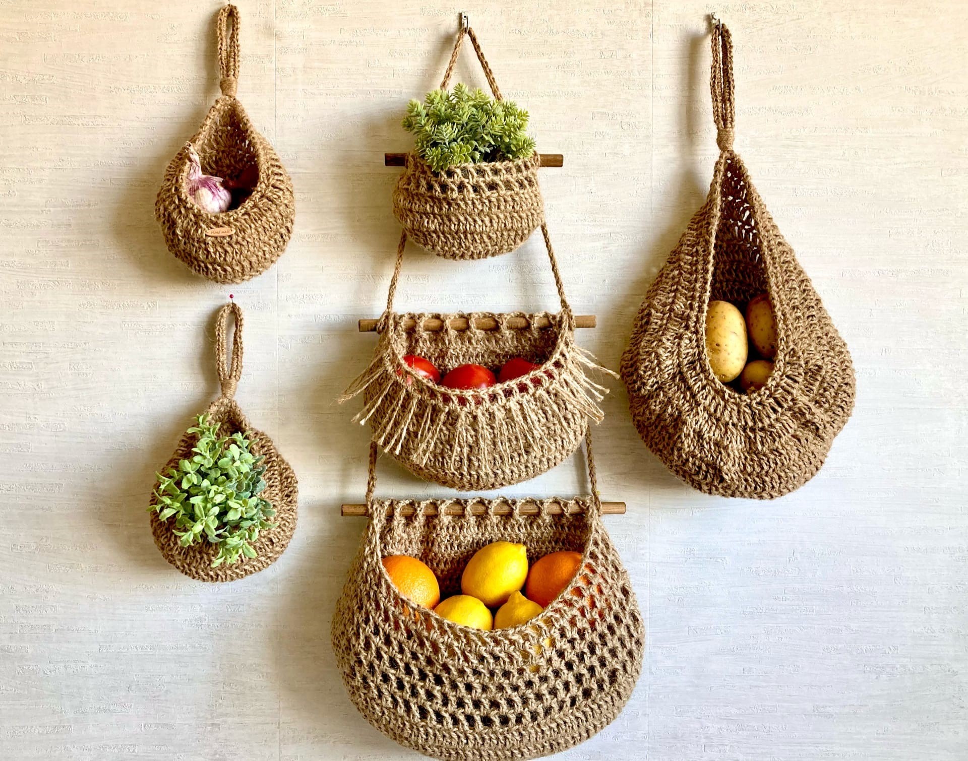 Hanging Wall Baskets, Jute Basket Set, Vegetable Fruit Basket