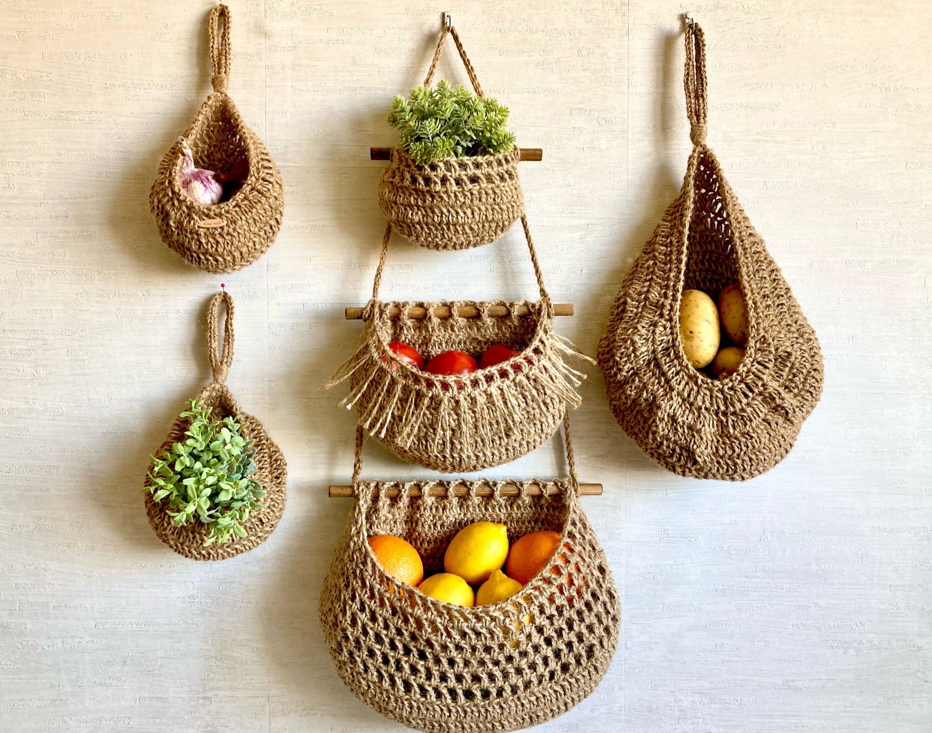 Hanging Wall Baskets, Vegetable Baskets, Jute Hanging Fruit Baskets, Rustic  Baskets Set, Storage Baskets, Jute Kitchen Baskets 