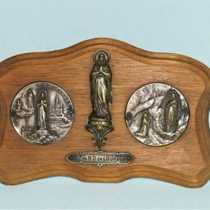 Antique Catholic Icon Notre Dame de Lourdes Wood Bronze Plaque early 1900’s Free shipping