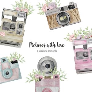 Watercolor camera with flower clipart. Vintage floral camera