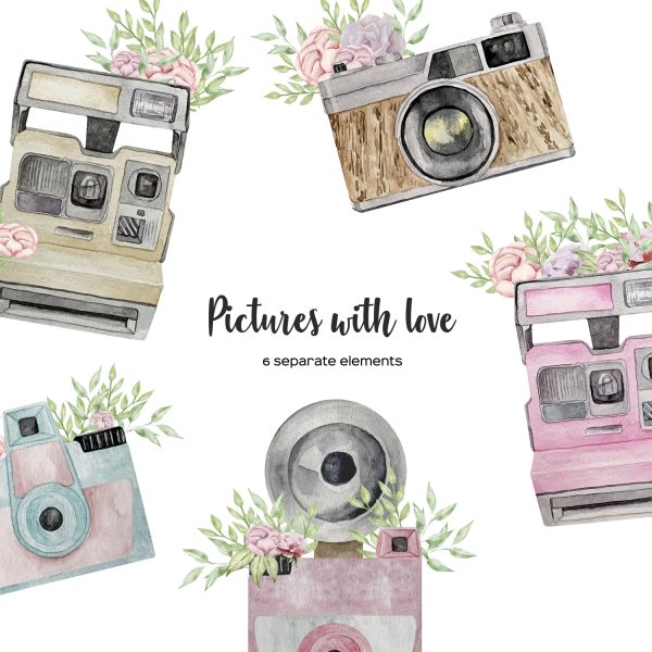 Watercolor camera with flower clipart. Vintage floral camera