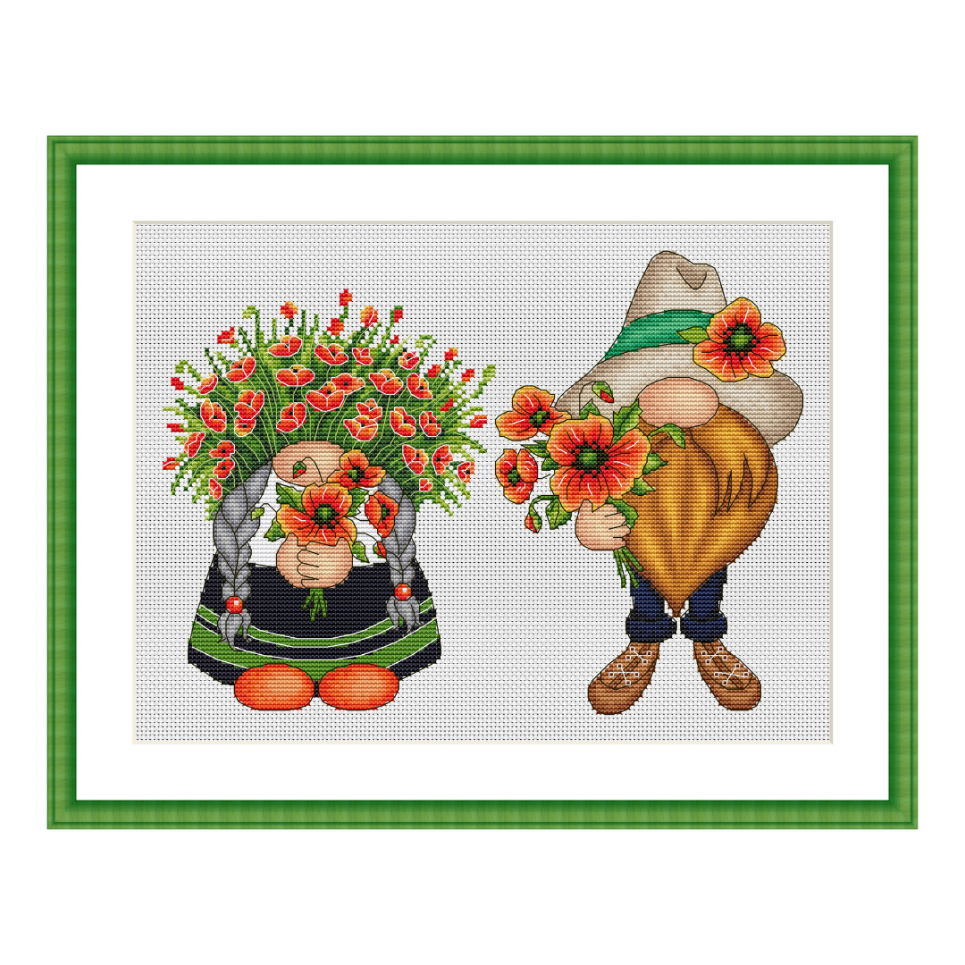 Poppy gnomes cross stitch pattern, summer cross stitch pattern 2 summer gnome
