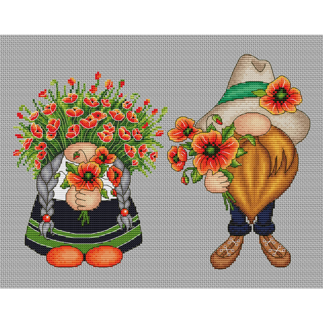 Poppy gnomes cross stitch pattern, summer cross stitch pattern 3 flowers cross stitch