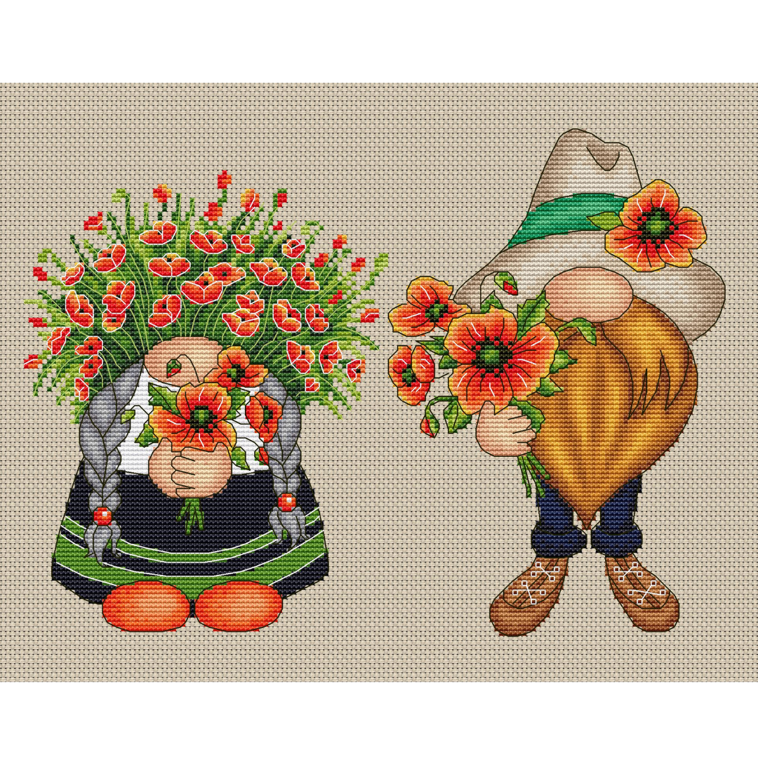 Poppy gnomes cross stitch pattern, summer cross stitch pattern 4 bright cross stitch