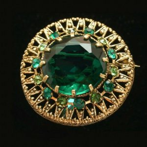 Vintage Czech Brooch Faceted Green Glass Brass1960’sFree shipping