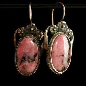 Vintage Natural Rhodonite Set Earrings Ring6L Soviet Free shipping