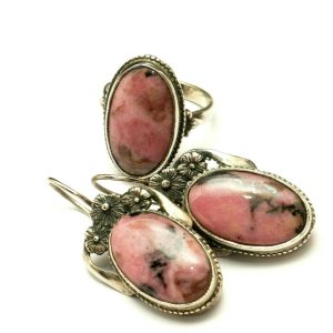 Vintage Natural Rhodonite Set Earrings Ring6L Soviet Free shipping