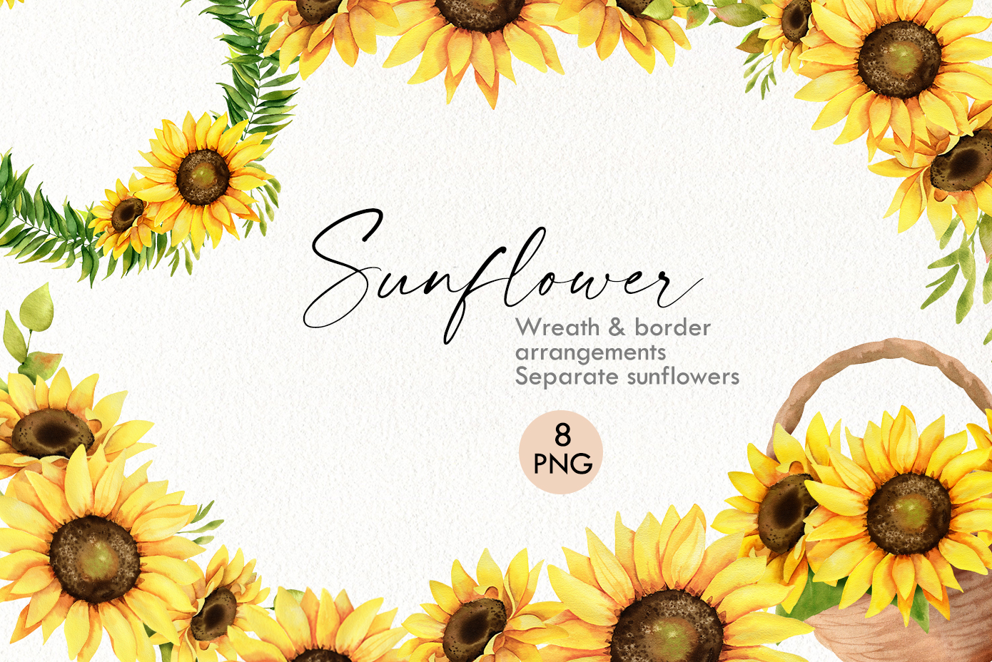 Watercolor sunflower clipart Sunflower wreath and border PNG - Crealandia