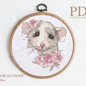 Mouse in flowers cross stitch pattern