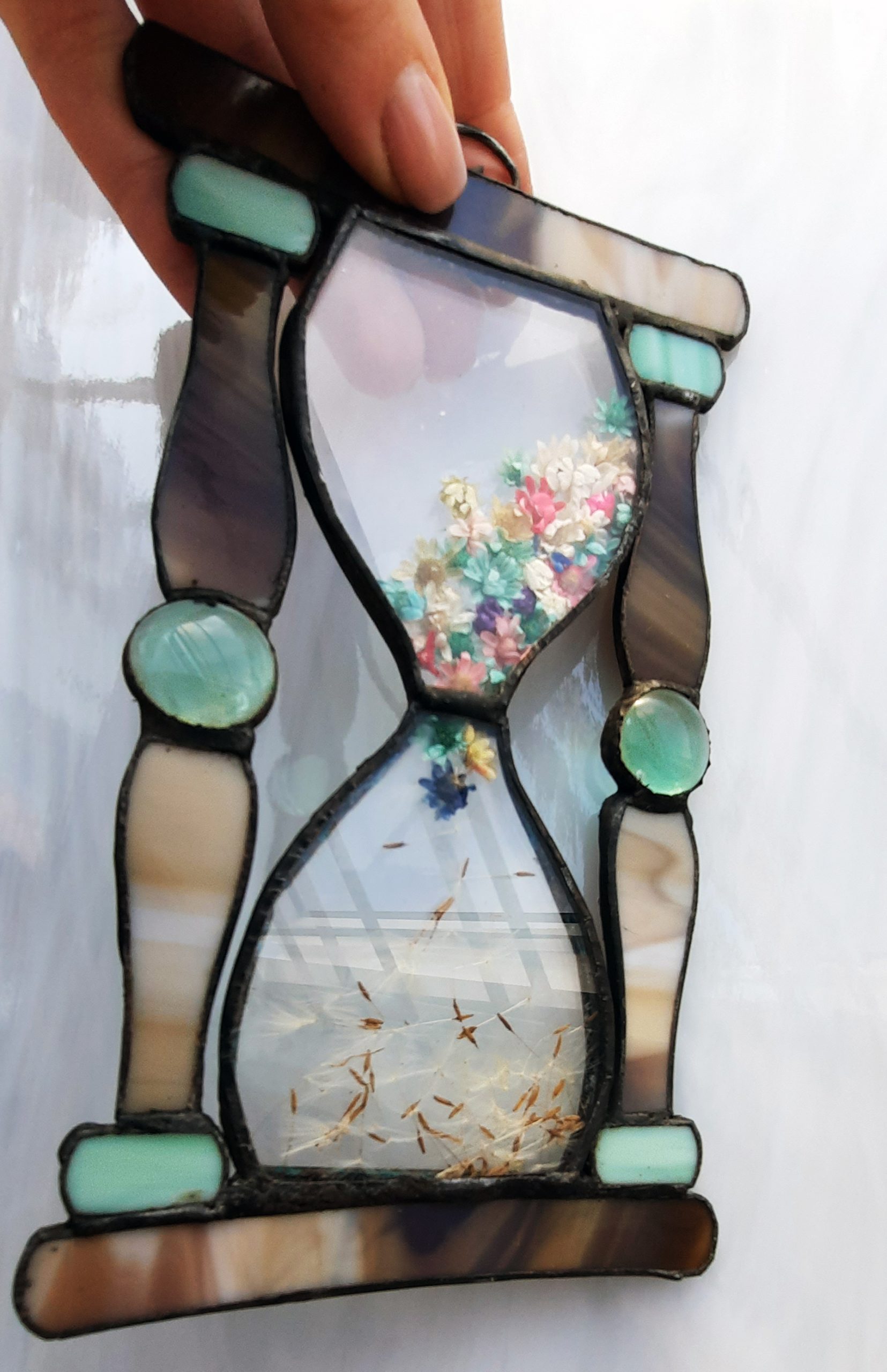 Stained glass hourglass, Suncatcher pressed flower frame