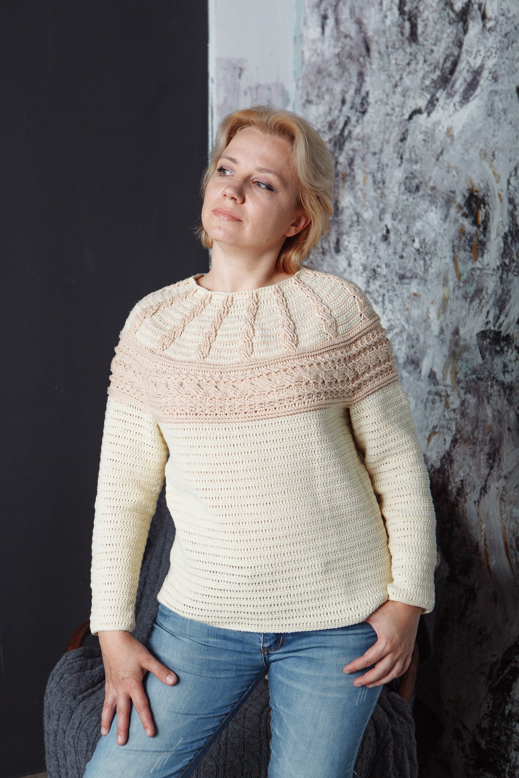 Top down cable yoke women pullover crochet pattern