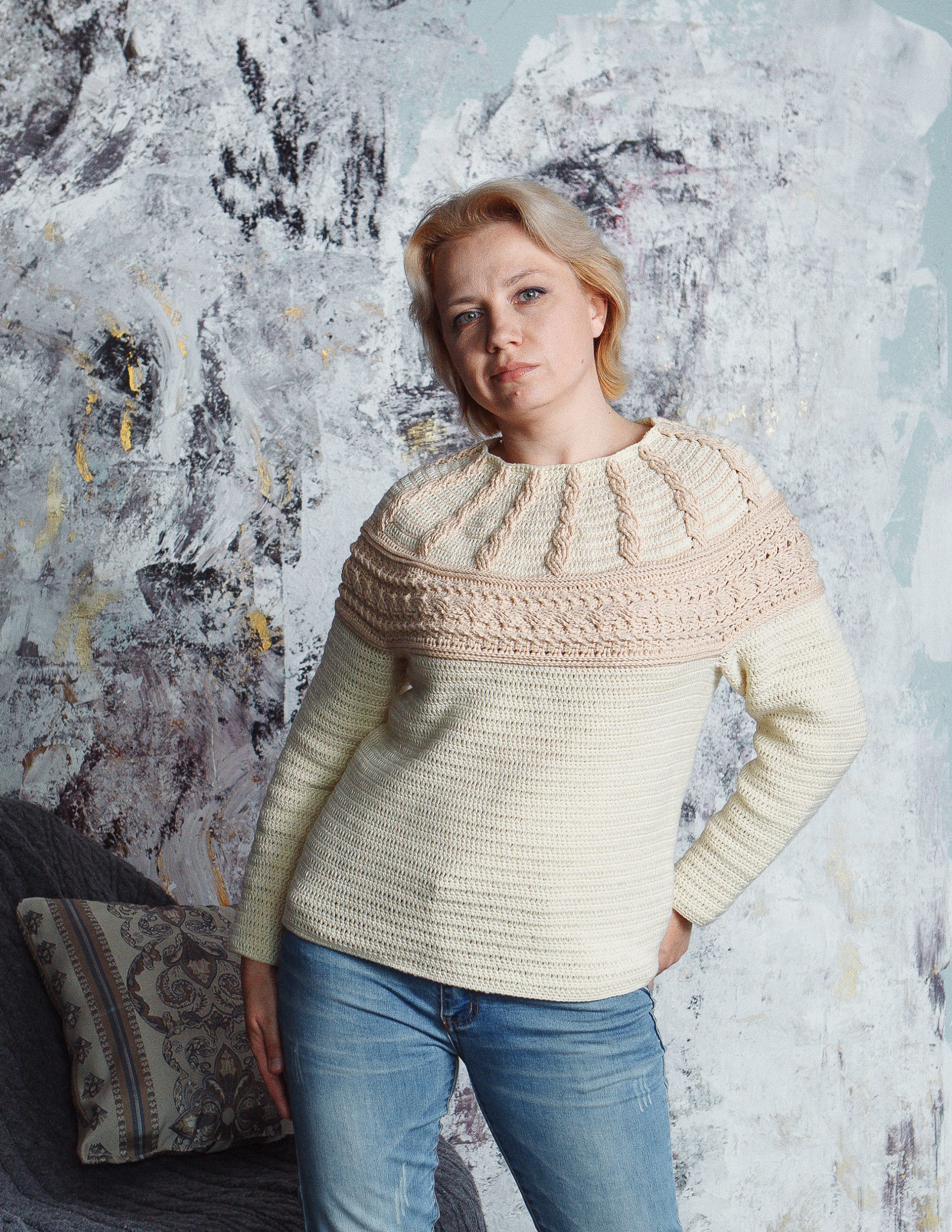 Top down cable yoke women pullover crochet pattern