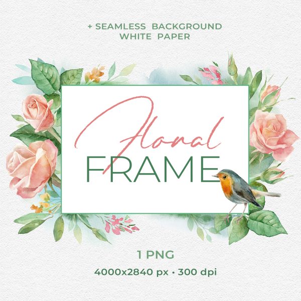Watercolor Floral Rectangular Frame with Robin Bird in PNG