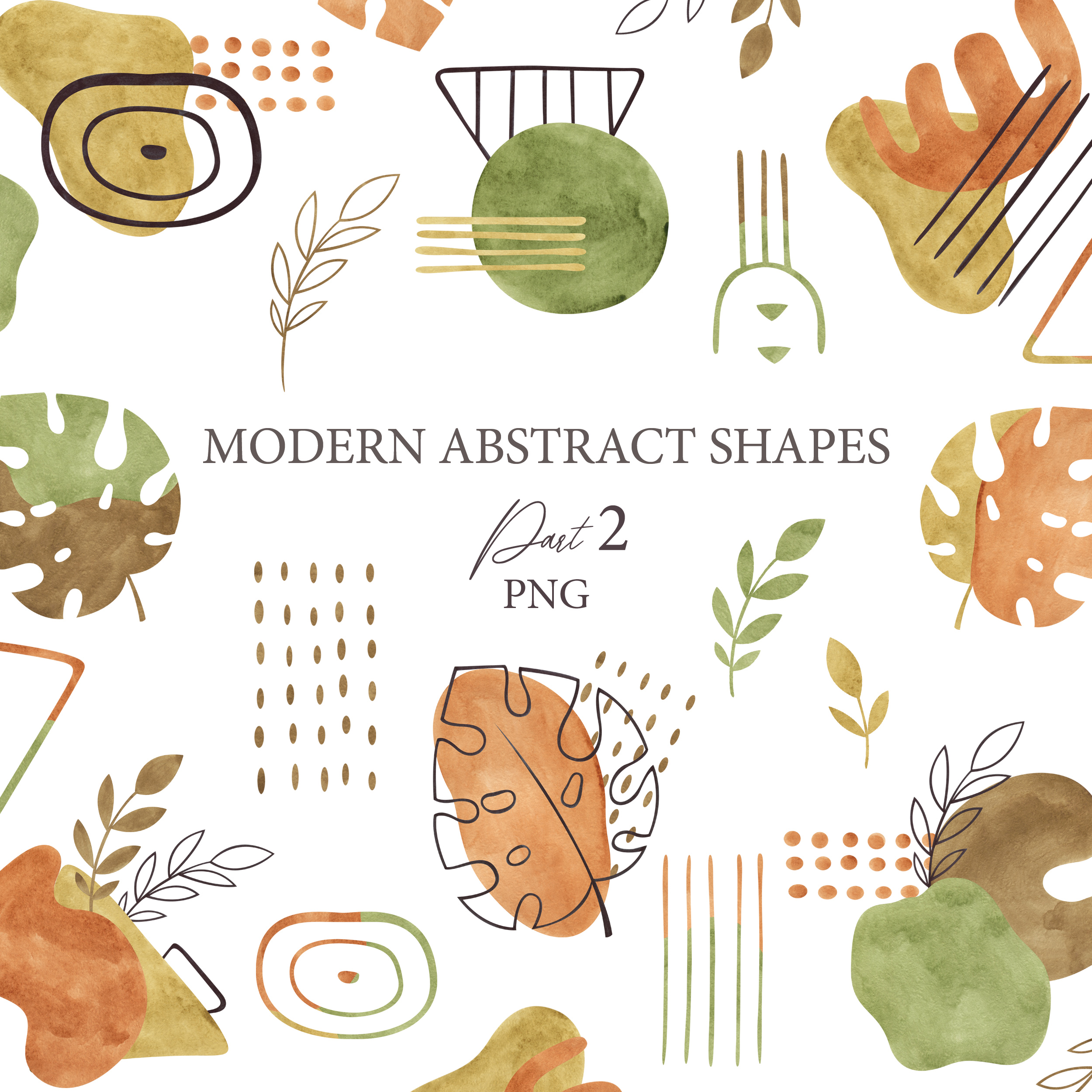 Watercolor modern abstract shapes clipart. Botanical compositions 1 Watercolor abstract shapes