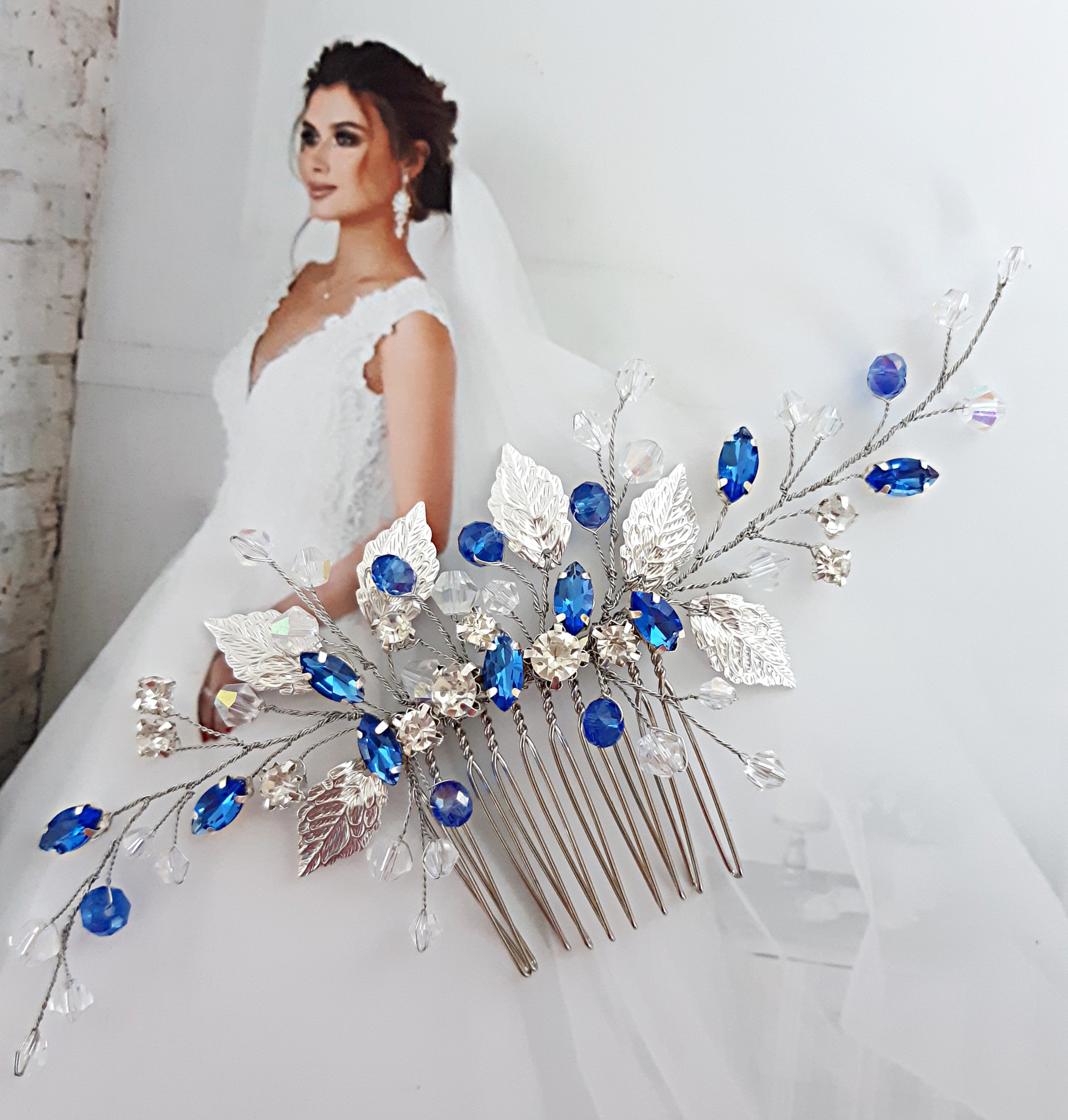 Sapphire Blue Crystal Bridal Hair Comb for Bride Royal Blue 