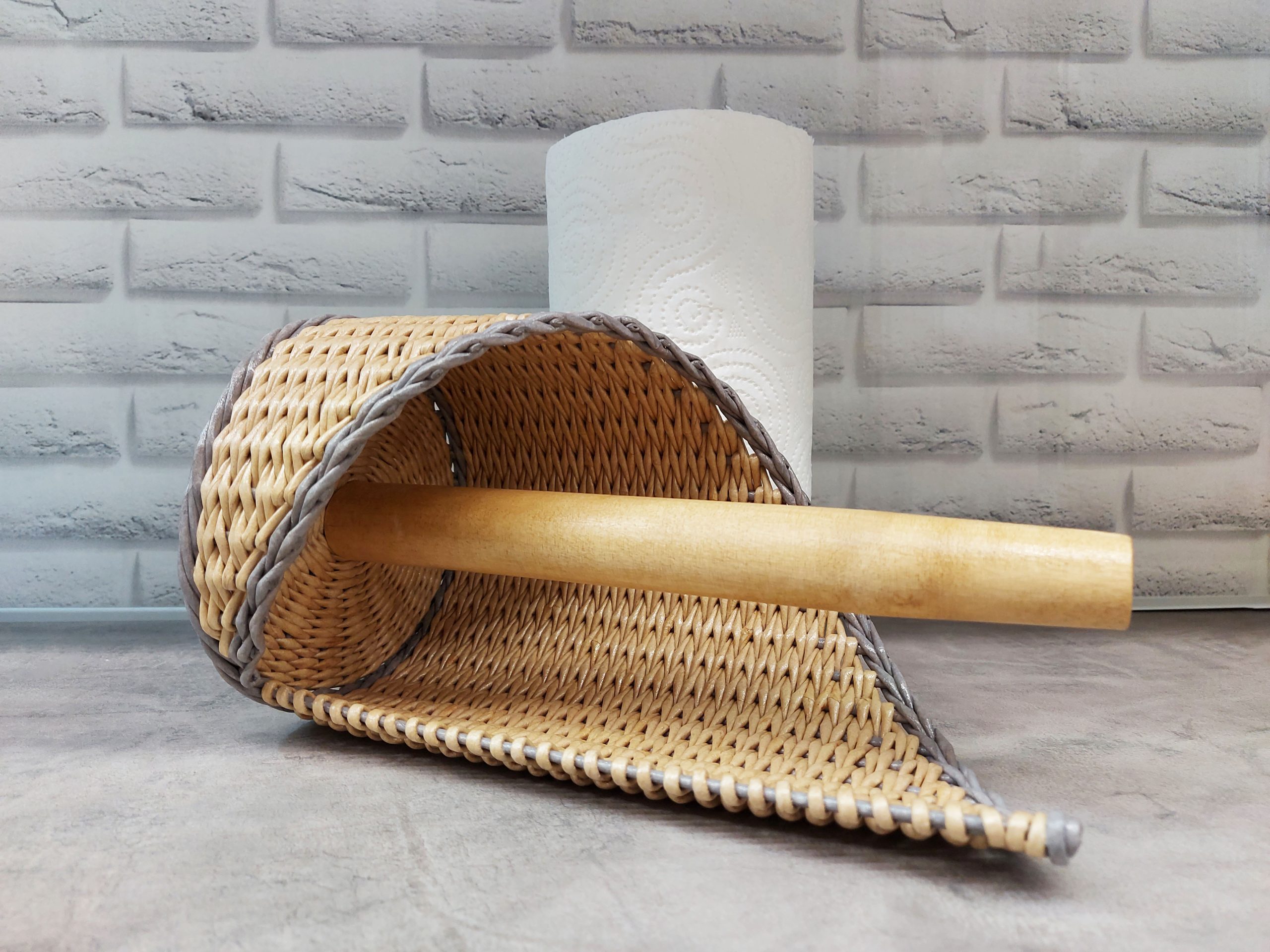 Standing paper towel holder Brown wicker kitchen roll holder