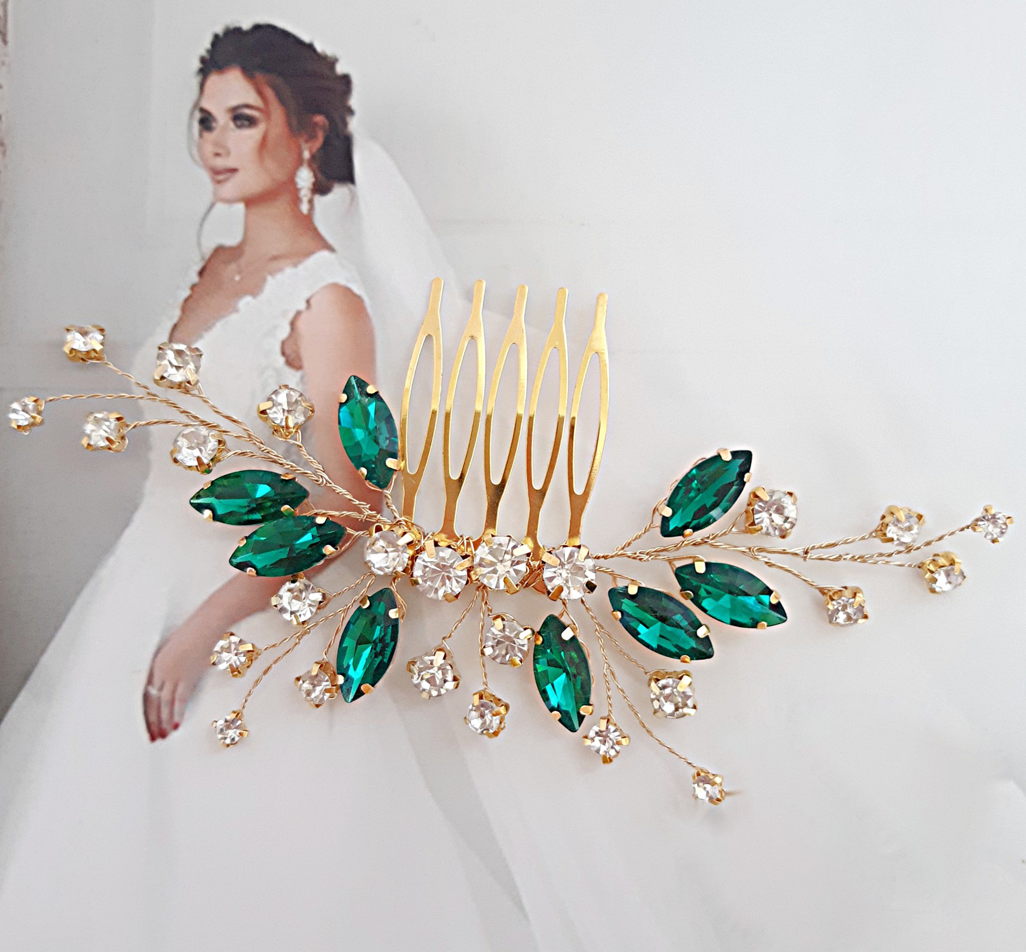 Bridal hair comb emerald Green crystal hair piece Emerald